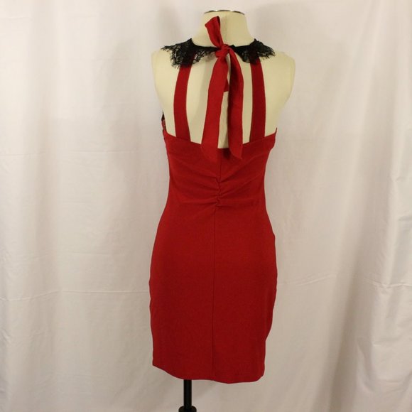 Retro Pinup Style Body Con Sexy Red Dress with Halter and Lace Detailing - Picture 6 of 7